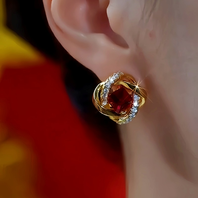 14K Gold-Plated Diamond-Encrusted Red Crystal Stud Earrings