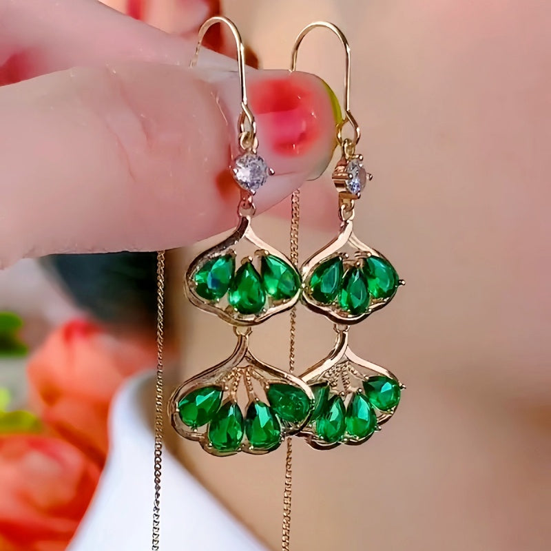 14K Gold-Plated Diamond-Studded Apricot Leaf Earrings