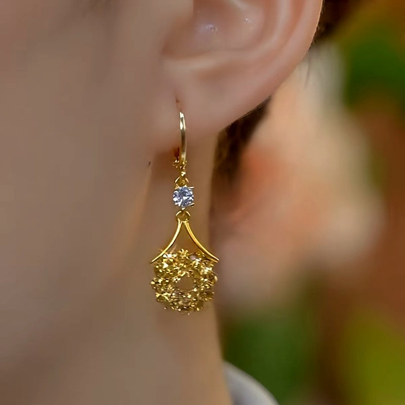 14K Gold-Plated Diamond-Studded Brown Water Drop Tassel Earrings