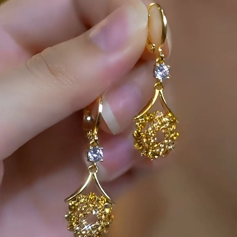 14K Gold-Plated Diamond-Studded Brown Water Drop Tassel Earrings