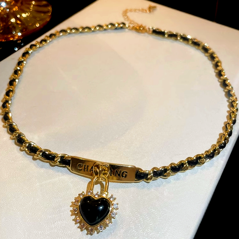 14K Gold-Plated Diamond-Studded Love Lock Leather Wrapped Necklace