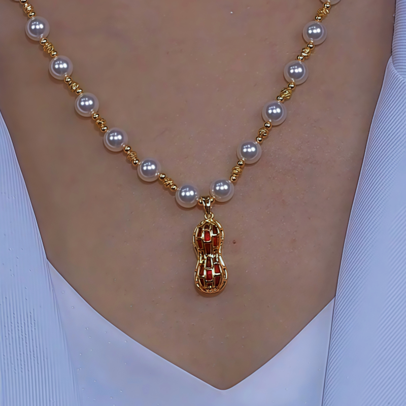 14K Gold-Plated Diamond-Studded Peanut Pearl Necklace