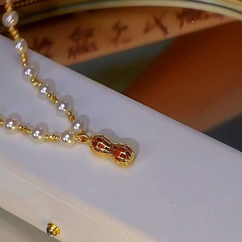 14K Gold-Plated Diamond-Studded Peanut Pearl Necklace