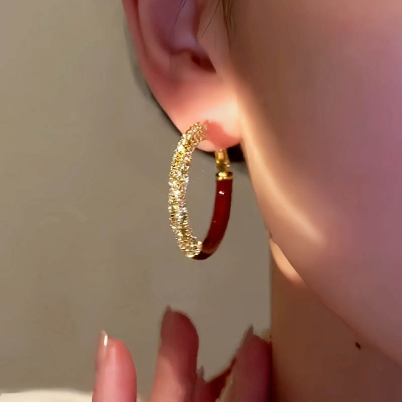 14K Gold-Plated Diamond-Studded Red Glaze Hoop Earrings