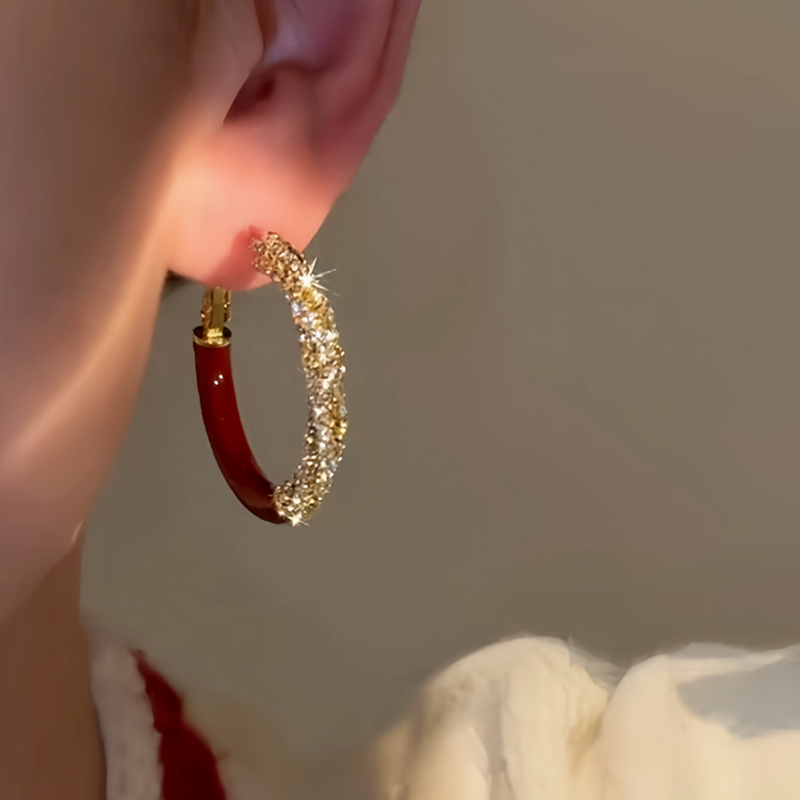14K Gold-Plated Diamond-Studded Red Glaze Hoop Earrings