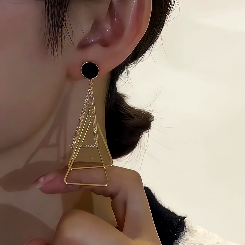 14K Gold-Plated Diamond-Studded Three-Dimensional Multi-Layer Triangle Earrings