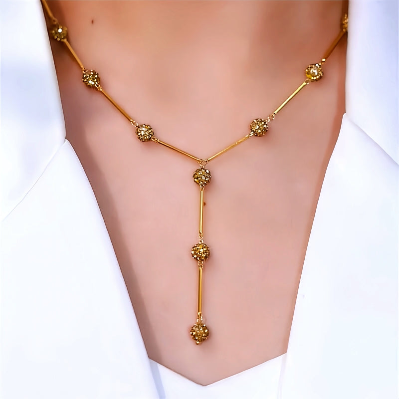 14K Gold-Plated Diamond-Studded Y-Shaped Coffee-Colored Diamond Ball Necklace