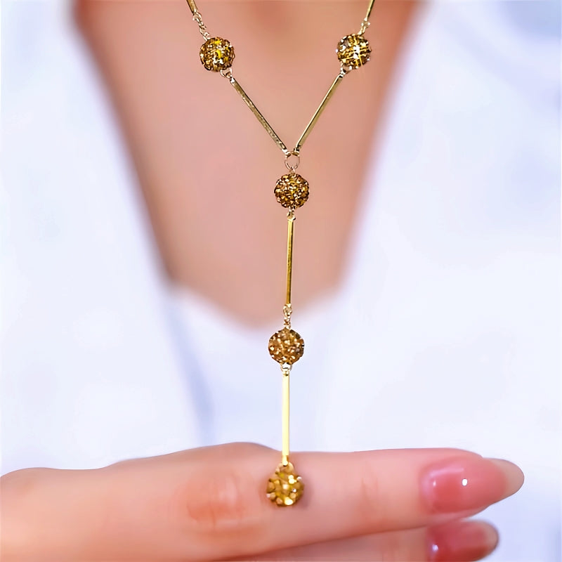 14K Gold-Plated Diamond-Studded Y-Shaped Coffee-Colored Diamond Ball Necklace