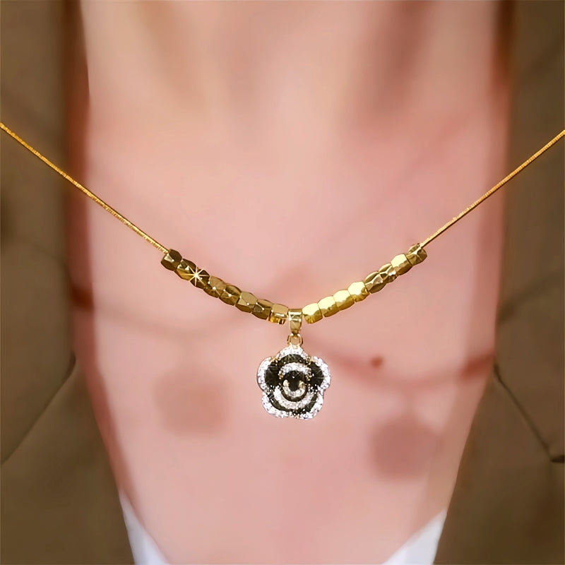 14K Gold-Plated Diamond Black Camellia Necklace