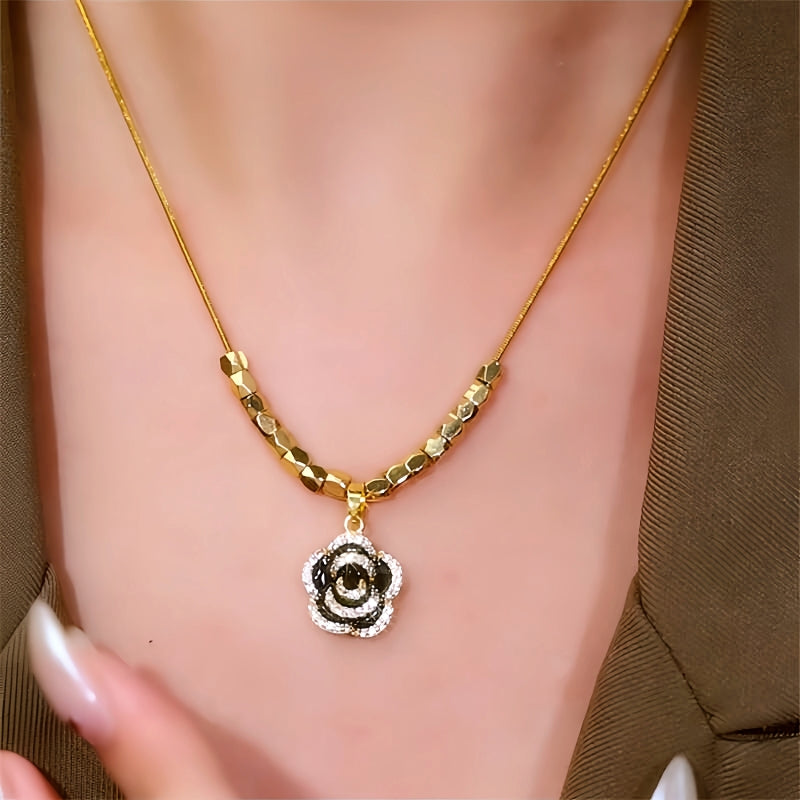 14K Gold-Plated Diamond Black Camellia Necklace