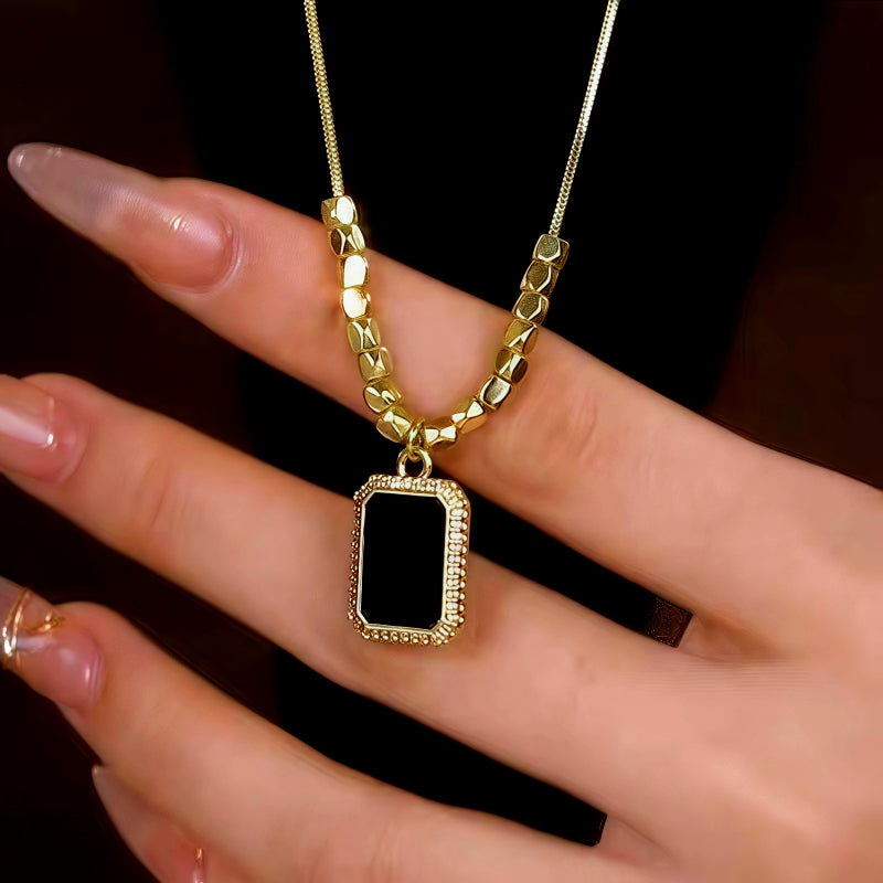 14K Gold-Plated Diamond Black Square Necklace