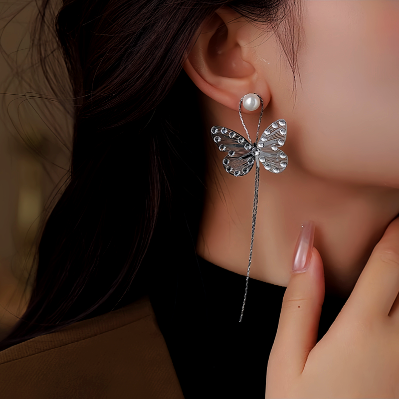 14K Gold-Plated Diamond Butterfly Long Tassel Earrings