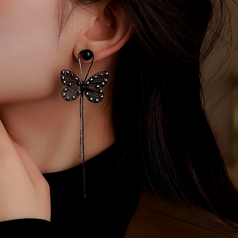 14K Gold-Plated Diamond Butterfly Long Tassel Earrings