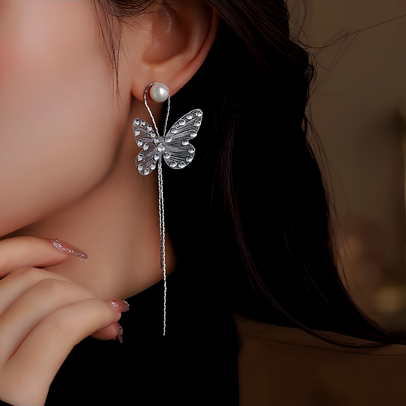 14K Gold-Plated Diamond Butterfly Long Tassel Earrings