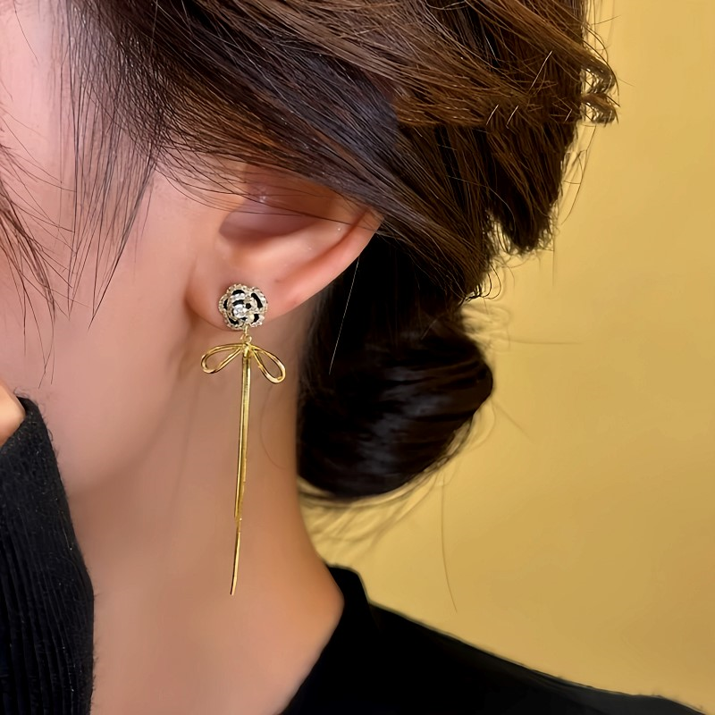 14K Gold-Plated Diamond Camellia Flower Tassel Earrings