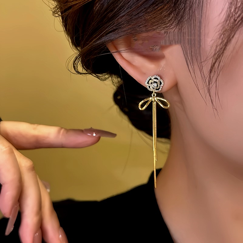 14K Gold-Plated Diamond Camellia Flower Tassel Earrings