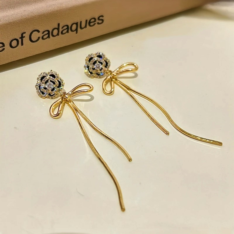 14K Gold-Plated Diamond Camellia Flower Tassel Earrings