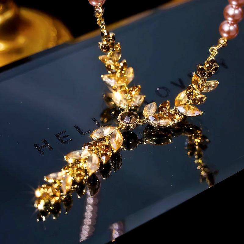 14K Gold-Plated Diamond Cat's Eye Wheat Pearl Sweater Necklace