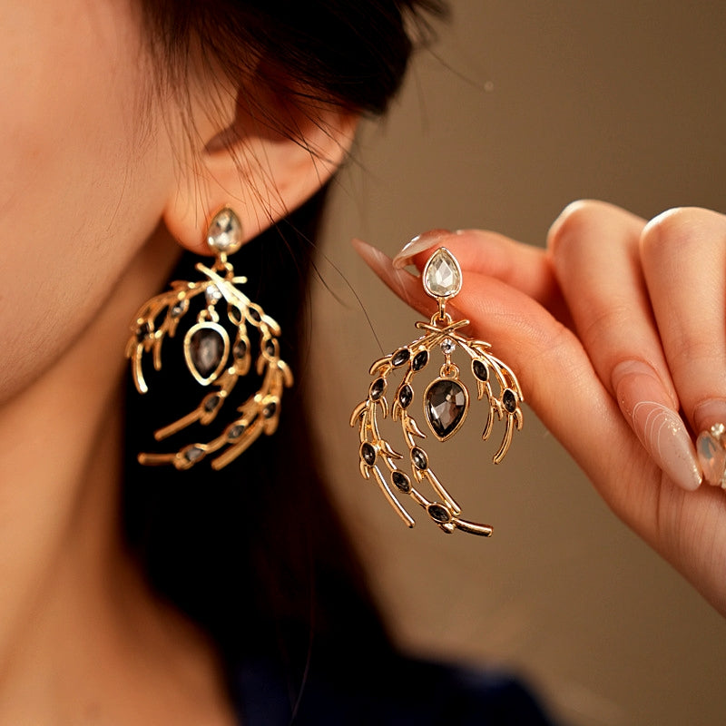 14K Gold-Plated Diamond Feather Earrings