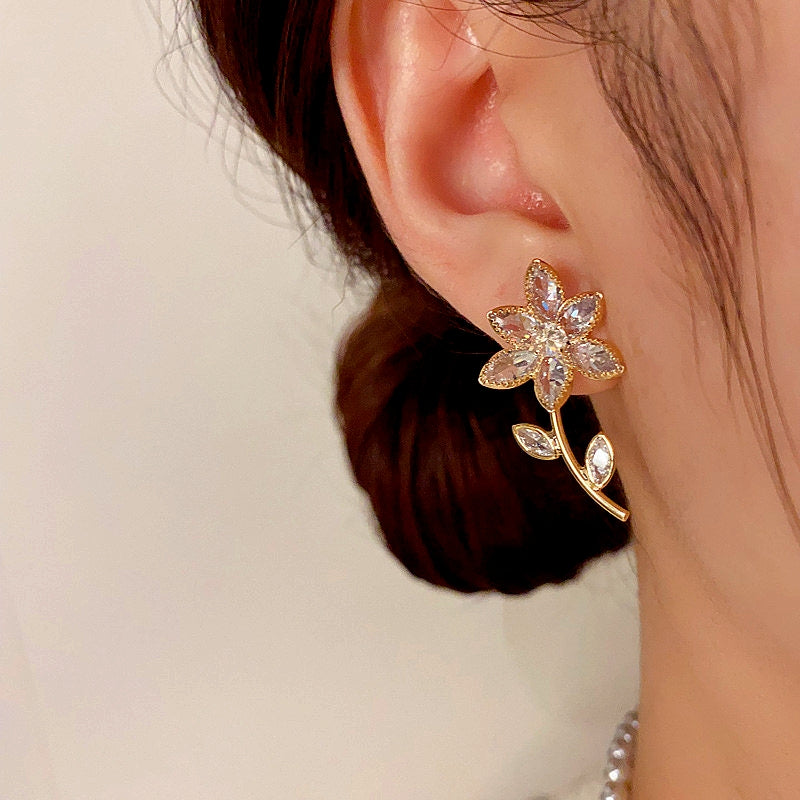 14K Gold-Plated Diamond Flower Earrings