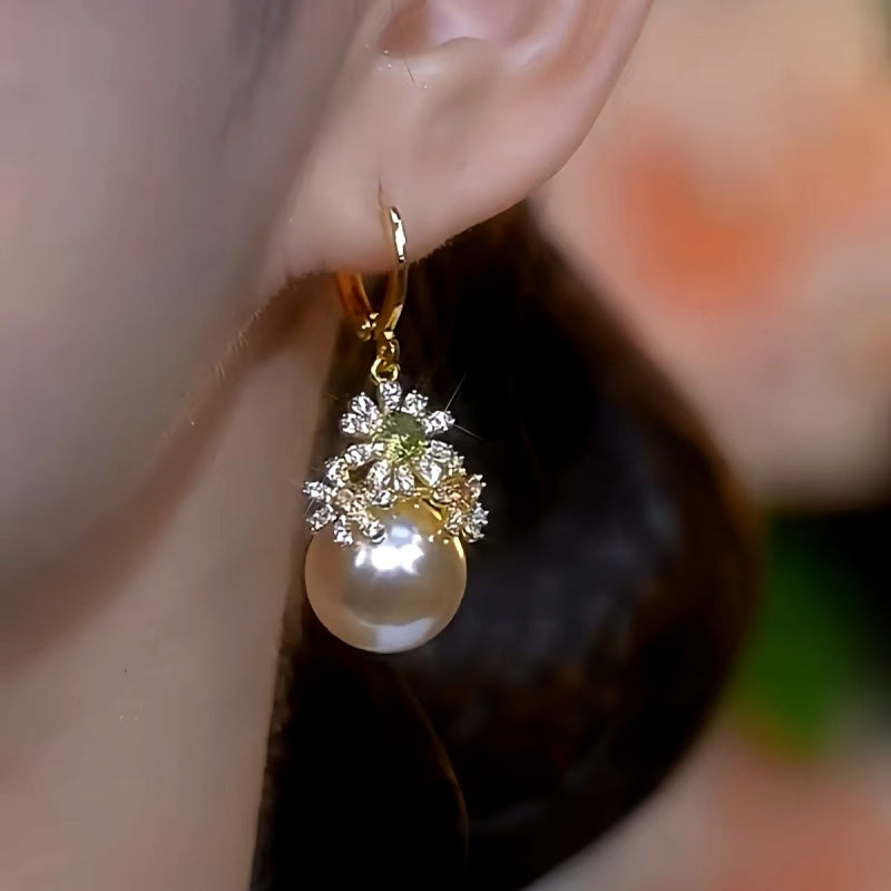 14K Gold-Plated Diamond Flower Pearl Earrings