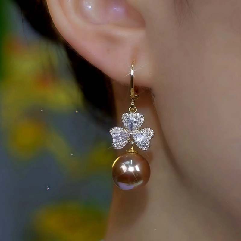 14K Gold-Plated Diamond Flower Pearl Earrings