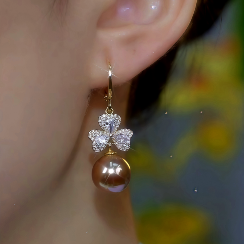 14K Gold-Plated Diamond Flower Pearl Earrings