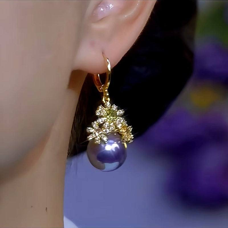 14K Gold-Plated Diamond Flower Purple Pearl Earrings