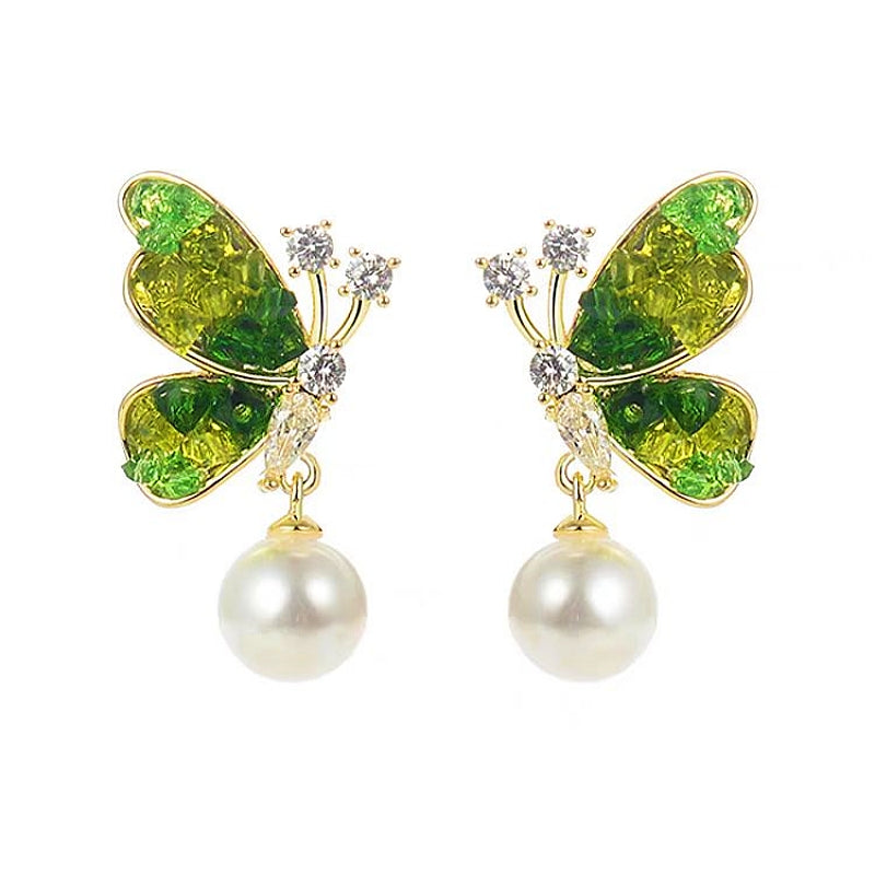 14K Gold-Plated Diamond Gradient Green Butterfly Crystal Pearl Earrings