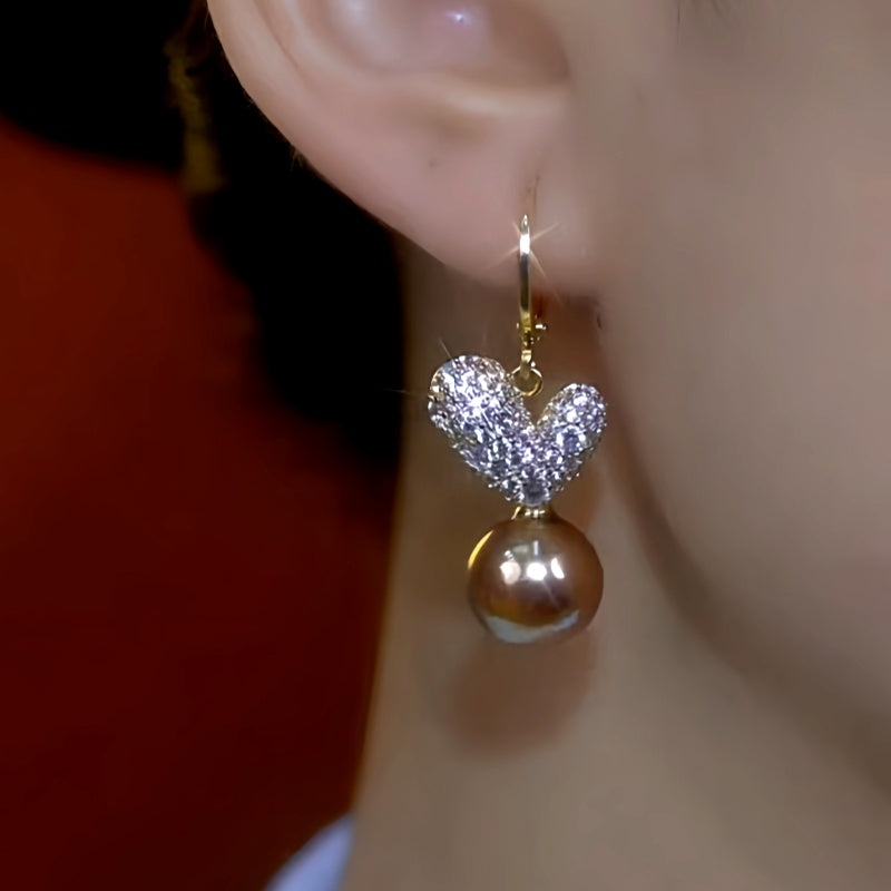 14K Gold-Plated Diamond Heart Brown Pearl Earrings
