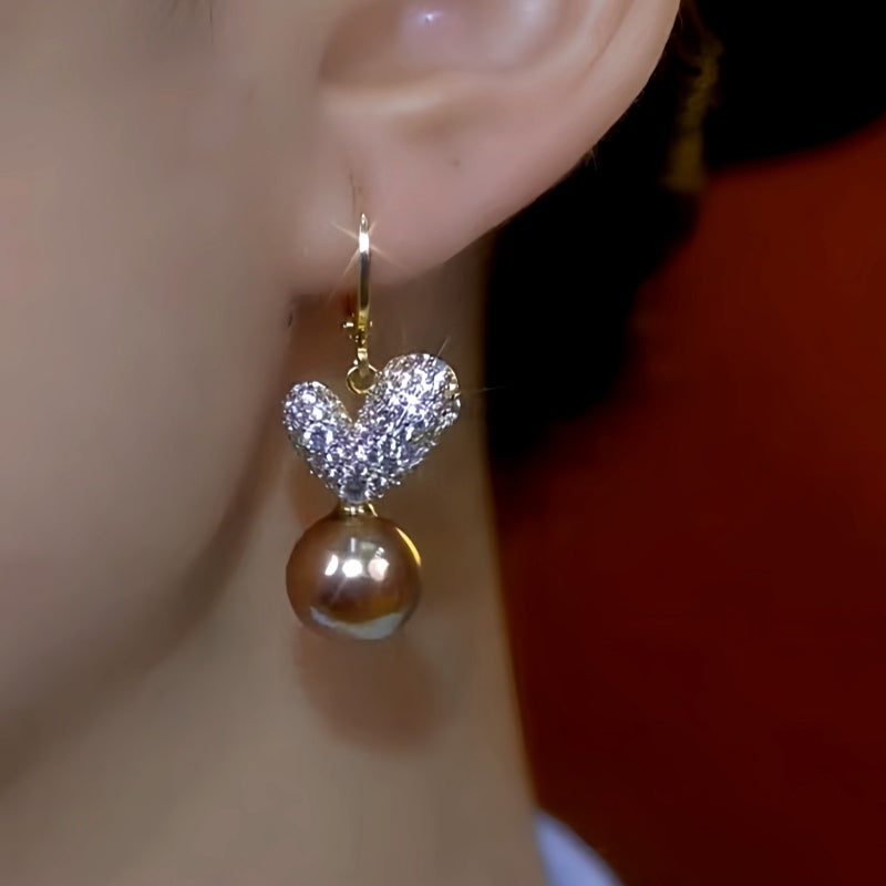 14K Gold-Plated Diamond Heart Brown Pearl Earrings