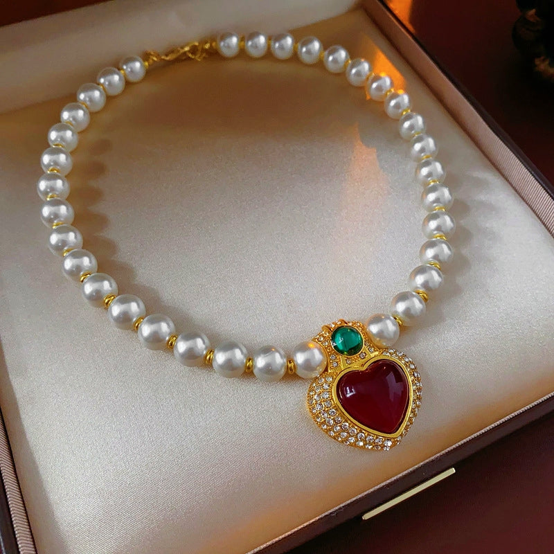14K Gold-Plated Diamond Heart Pearl Necklace