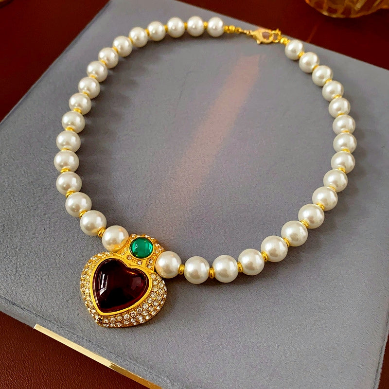 14K Gold-Plated Diamond Heart Pearl Necklace