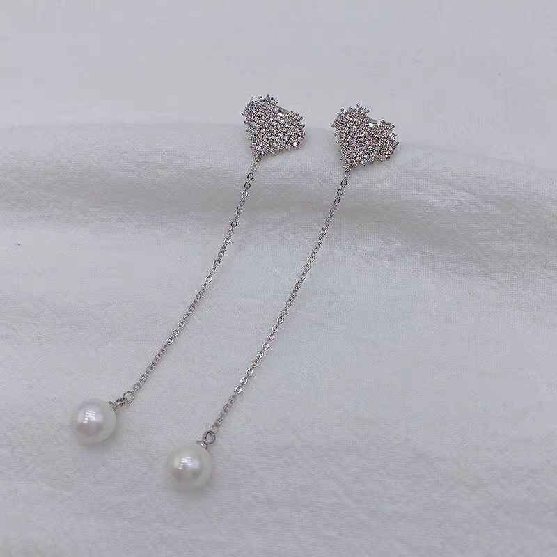 14K Gold-Plated Diamond Heart Pearl Tassel Earrings