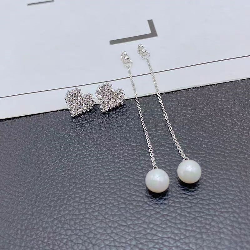 14K Gold-Plated Diamond Heart Pearl Tassel Earrings