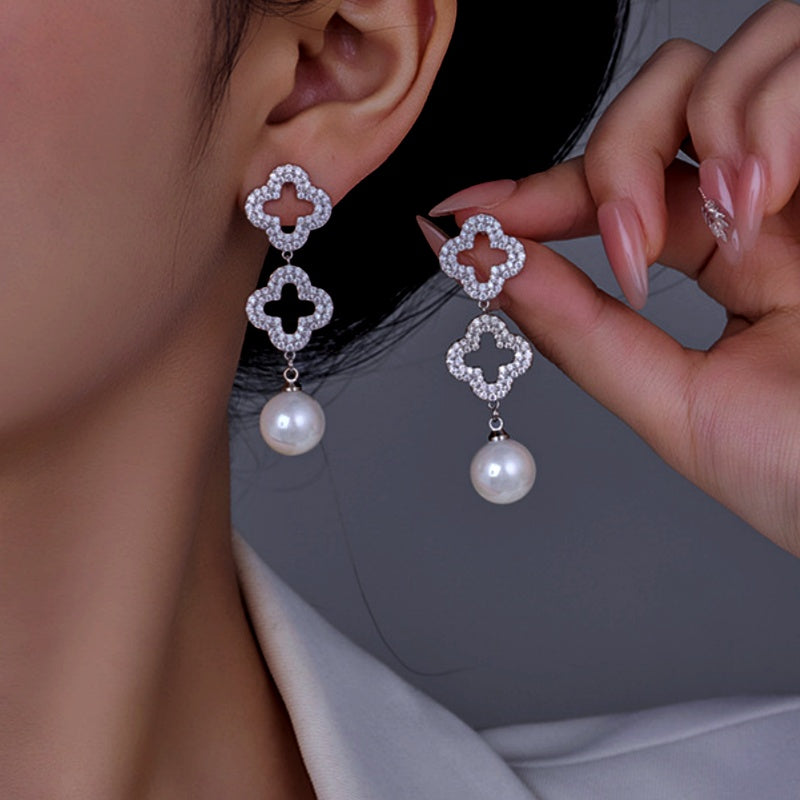 14K Gold-Plated Diamond Hollow Four-Leaf Flower Pearl Earrings