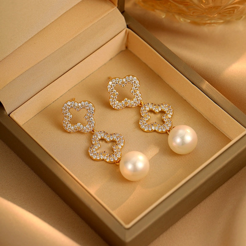 14K Gold-Plated Diamond Hollow Four-Leaf Flower Pearl Earrings