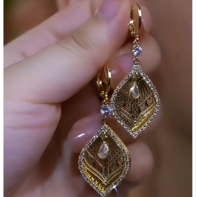 14K Gold-Plated Diamond Hollow Leaf Earrings