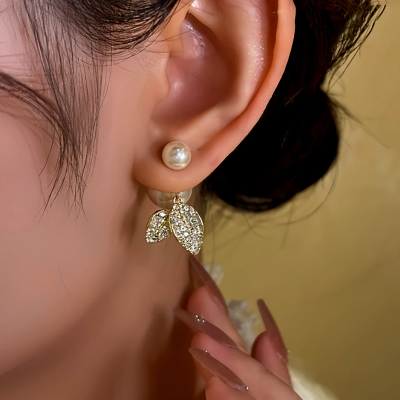 14K Gold-Plated Diamond Leaf Pearl Earrings