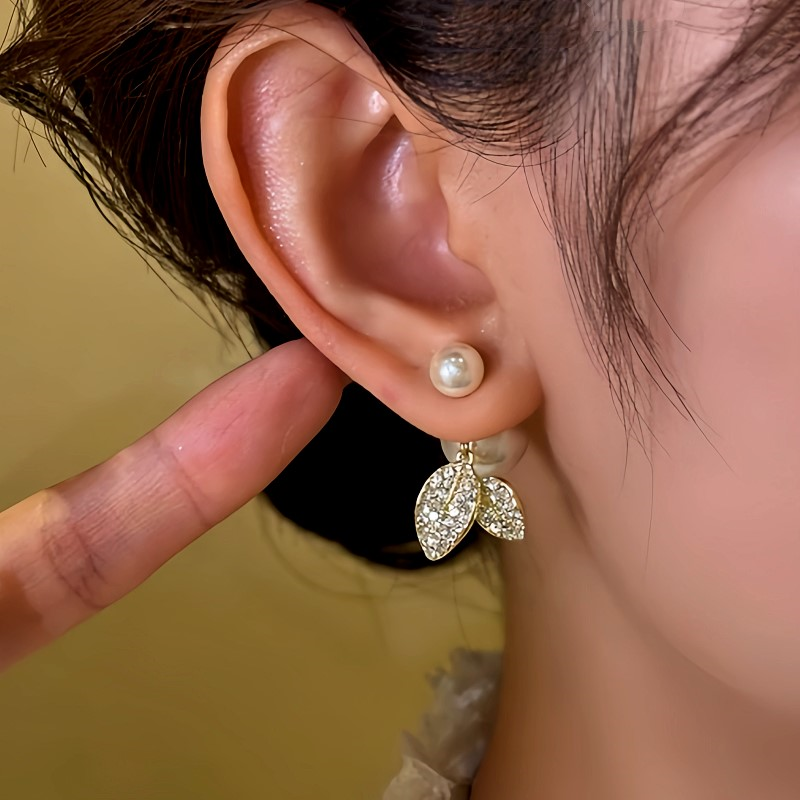 14K Gold-Plated Diamond Leaf Pearl Earrings