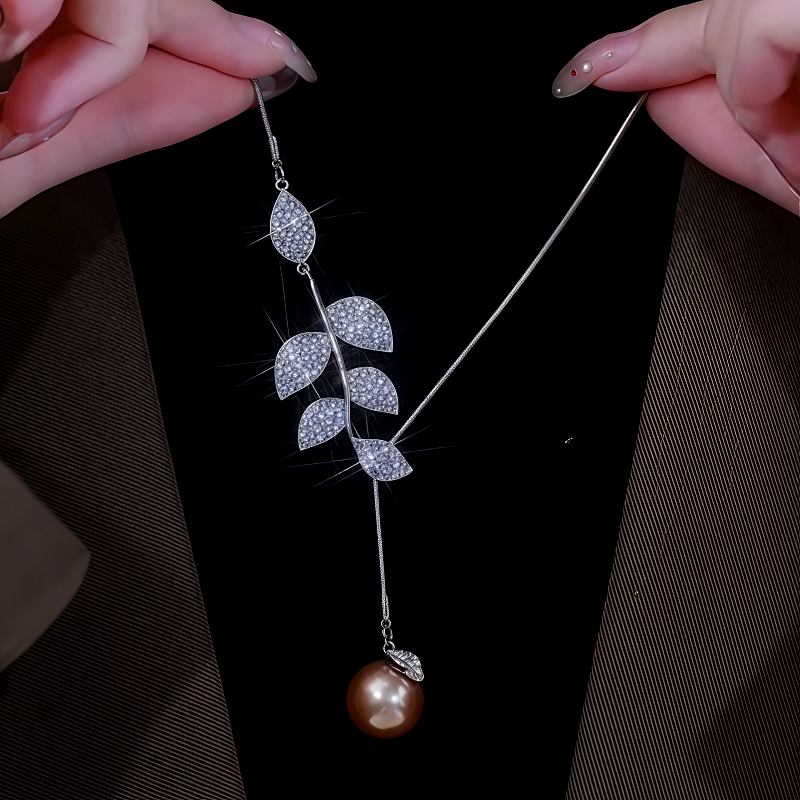 14K Gold-Plated Diamond Leaf Pearl Necklace