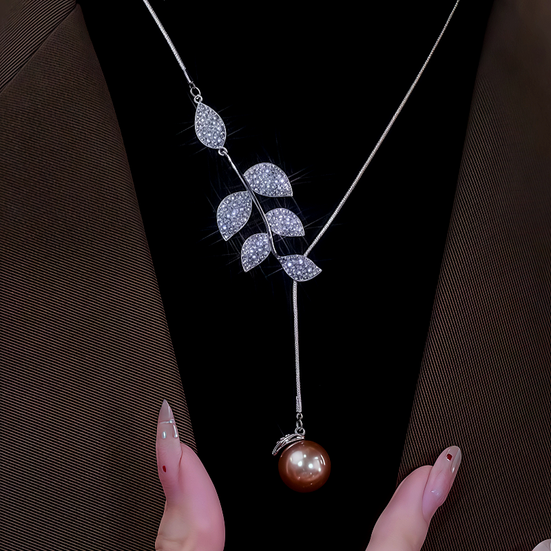 14K Gold-Plated Diamond Leaf Pearl Necklace