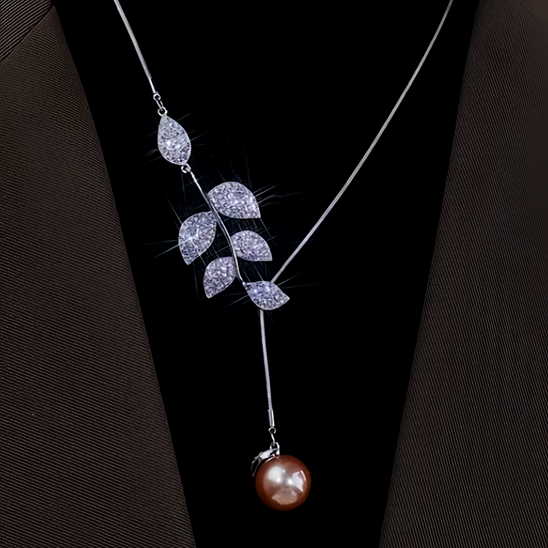 14K Gold-Plated Diamond Leaf Pearl Necklace