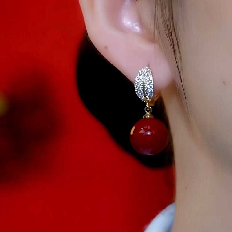 14K Gold-Plated Diamond Leaf Red Bead Earrings