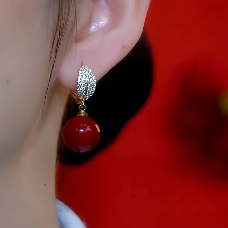 14K Gold-Plated Diamond Leaf Red Bead Earrings