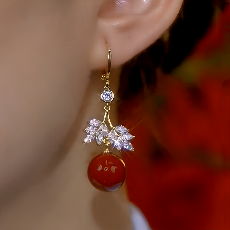14K Gold-Plated Diamond Leaf Red Pearl Earrings