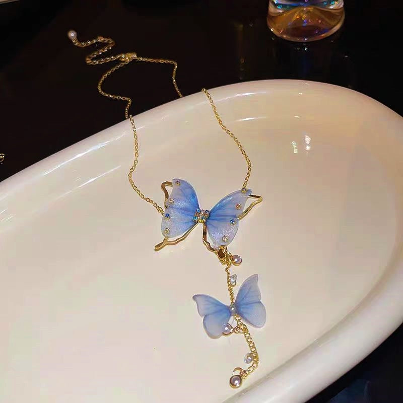 14K Gold-Plated Diamond Pearl Butterfly Tassel Necklace