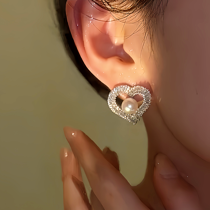 14K Gold-Plated Diamond Pearl Heart-Design Stud Earrings