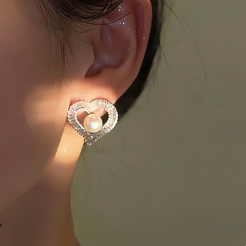 14K Gold-Plated Diamond Pearl Heart-Design Stud Earrings
