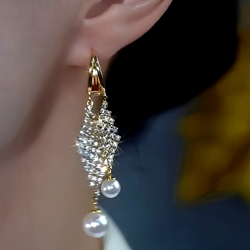 14K Gold-Plated Diamond Pearl Tassel Earrings